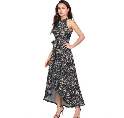 Women's Polyester Printed Halter Neck Sleeveless Dress (Black)