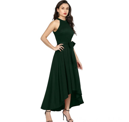 Women's Polyster Solid Halter Neck Sleeveless Dress (Green)