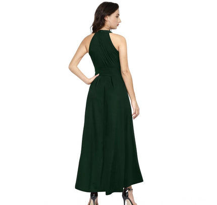 Women's Polyster Solid Halter Neck Sleeveless Dress (Green)