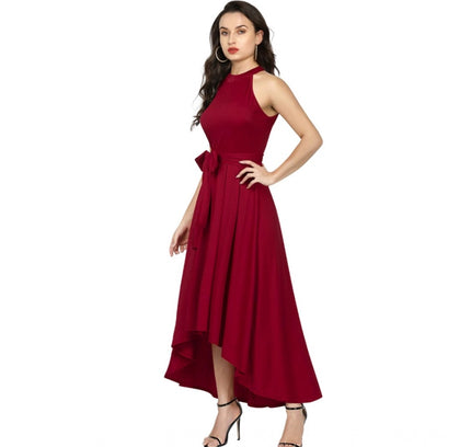 Women's Polyster Solid Halter Neck Sleeveless Dress (Maroon)