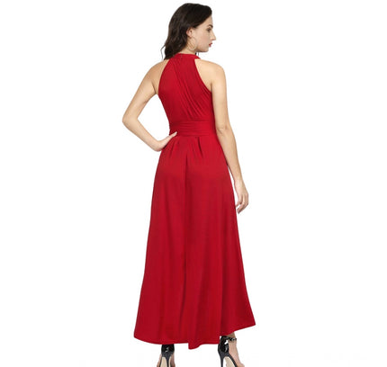 Women's Polyster Solid Halter Neck Sleeveless Dress (Red)