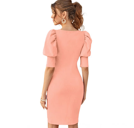 Women's Knitting stretchable Solid Square Neck 3-4 Puff Sleeve Dress (Peach)