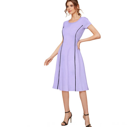 Women's Knitting stretchable Solid Round Neck Cap Sleeve Dress (Purple)
