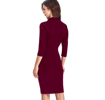 Women's Knitting stretchable Solid Round Neck 3-4th Dress (Maroon)
