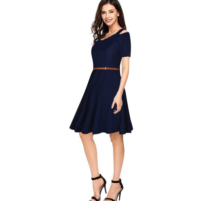 Women's Polyester Solid V Neck Cap Sleeve Dress (Blue)