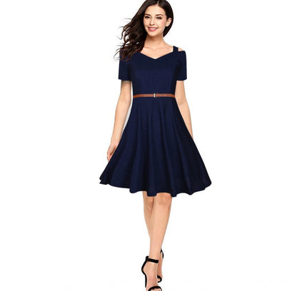 Women's Polyester Solid V Neck Cap Sleeve Dress (Blue)