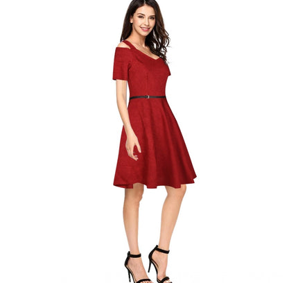 Women's Polyester Solid V Neck Cap Sleeve Dress (Maroon)