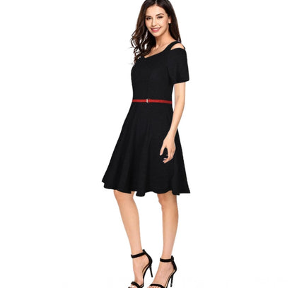 Women's Polyester Solid V Neck Cap Sleeve Dress (Black)