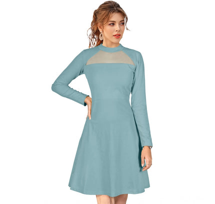 Women's Knitting stretchable Solid Round Neck Full Sleeve Dress (Pista)