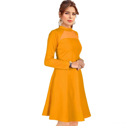 Women's Knitting stretchable Solid Round Neck Full Sleeve Dress (Yellow)