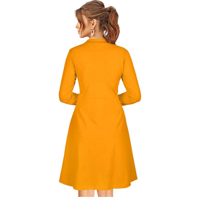 Women's Knitting stretchable Solid Round Neck Full Sleeve Dress (Yellow)