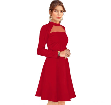 Women's Knitting stretchable Solid Round Neck Full Sleeve Dress (Red)