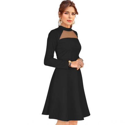 Women's Knitting stretchable Solid Round Neck Full Sleeve Dress (Black)