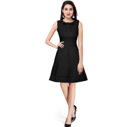 Women's Polyester Solid Round Neck Sleeveless Dress (Black)