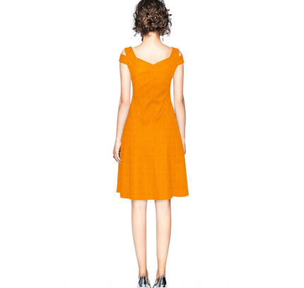 Women's Polyester Solid V Neck Cap Sleeve off Shoulder Dress (Yellow)