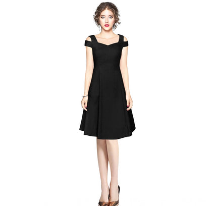 Women's Polyester Solid V Neck Cap Sleeve off Shoulder Dress (Black)