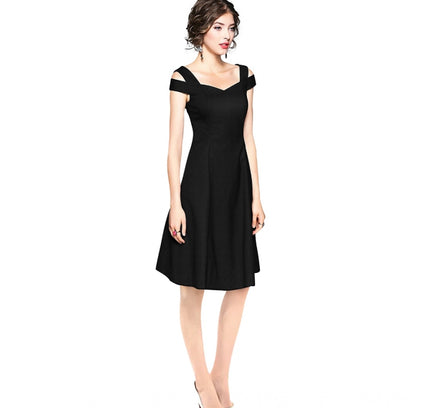 Women's Polyester Solid V Neck Cap Sleeve off Shoulder Dress (Black)