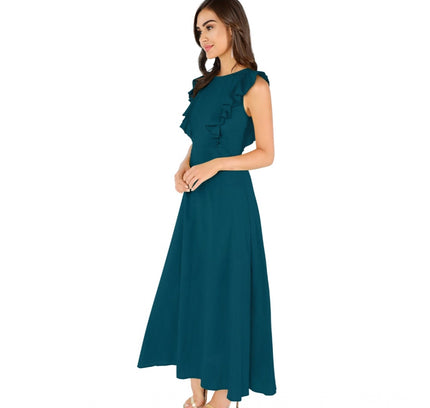 Women's Knitting stretchable Solid Round Neck Ruffled Sleeve Dress (Morpich)