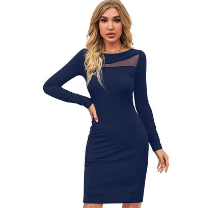 Women's Knitting stretchable Solid Round Neck Full Sleeve Dress (Blue )