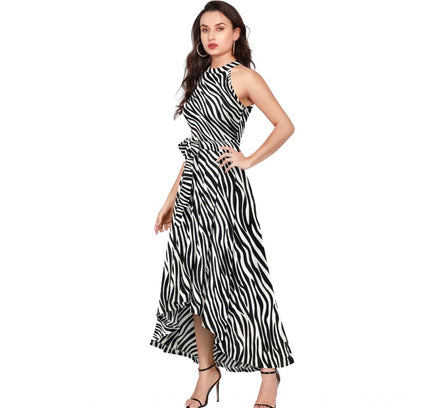 Women's Polyester Zebra Pattern Halter Neck Sleeveless Dress (White)