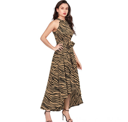 Women's Polyester Zebra Pattern Halter Neck Sleeveless Dress (Yellow)