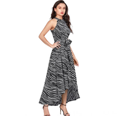 Women's Polyester Zebra Pattern Halter Neck Sleeveless Dress (Navy Blue)
