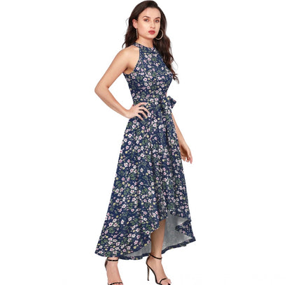 Women's Polyester Printed Halter Neck Sleeveless Dress (Blue)