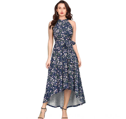 Women's Polyester Printed Halter Neck Sleeveless Dress (Blue)