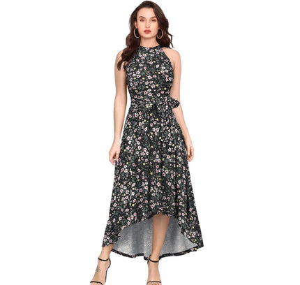 Women's Polyester Printed Halter Neck Sleeveless Dress (Black)