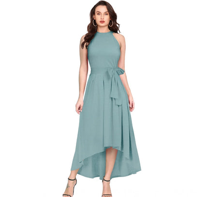 Women's Polyester Solid Halter Neck Sleeveless Dress (Pista)