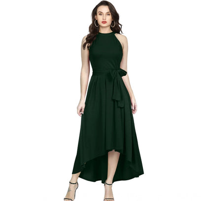 Women's Polyster Solid Halter Neck Sleeveless Dress (Green)