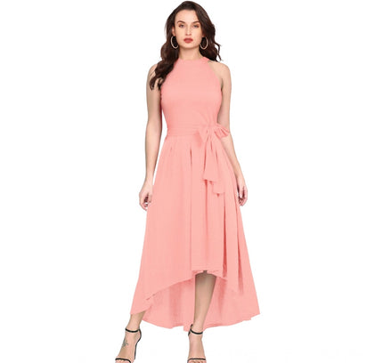 Women's Polyster Solid Halter Neck Sleeveless Dress (Peach)