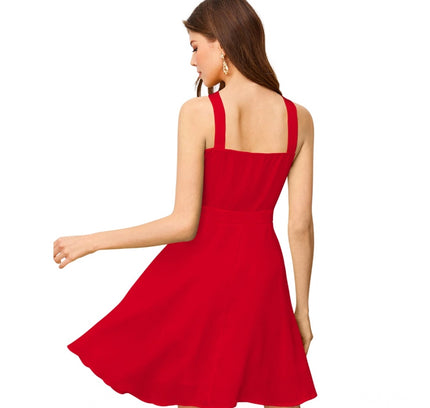 Women's Knitting stretchable Solid Halter Neck Sleeveless Dress (Red )