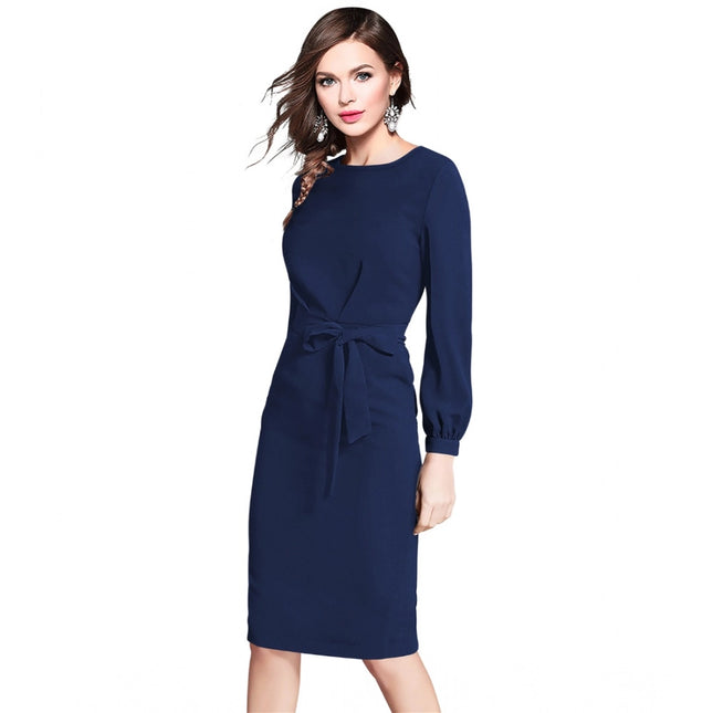 Women's Knitting stretchable Solid Round Neck Full Sleeve Dress (Blue)