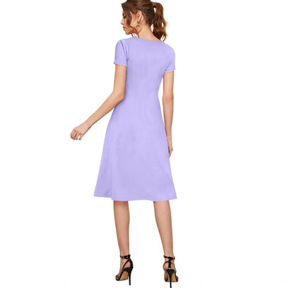 Women's Knitting stretchable Solid Round Neck Cap Sleeve Dress (Purple)