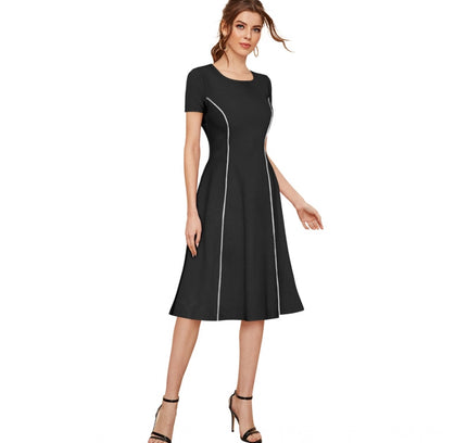 Women's Knitting stretchable Solid Round Neck Cap Sleeve Dress (Black)