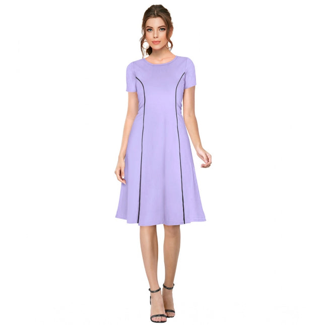 Women's Knitting stretchable Solid Round Neck Cap Sleeve Dress (Purple)