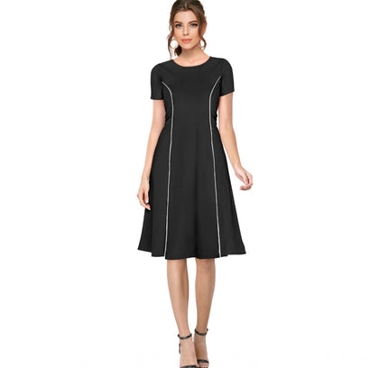 Women's Knitting stretchable Solid Round Neck Cap Sleeve Dress (Black)