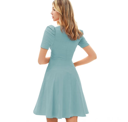 Women's Knitting stretchable Solid V Neck Cap Sleeve Dress (Pista)