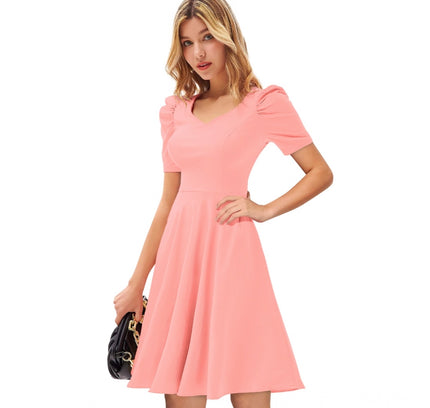Women's Knitting stretchable Solid V Neck Cap Sleeve Dress (Peach)