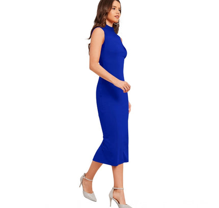 Women's Knitting stretchable Solid Round Neck Sleeveless Dress (Royal Blue)