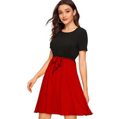 Women's Knitting stretchable Solid Round Neck Cap Sleeve Dress (Red)