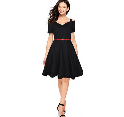 Women's Polyester Solid V Neck Cap Sleeve Dress (Black)