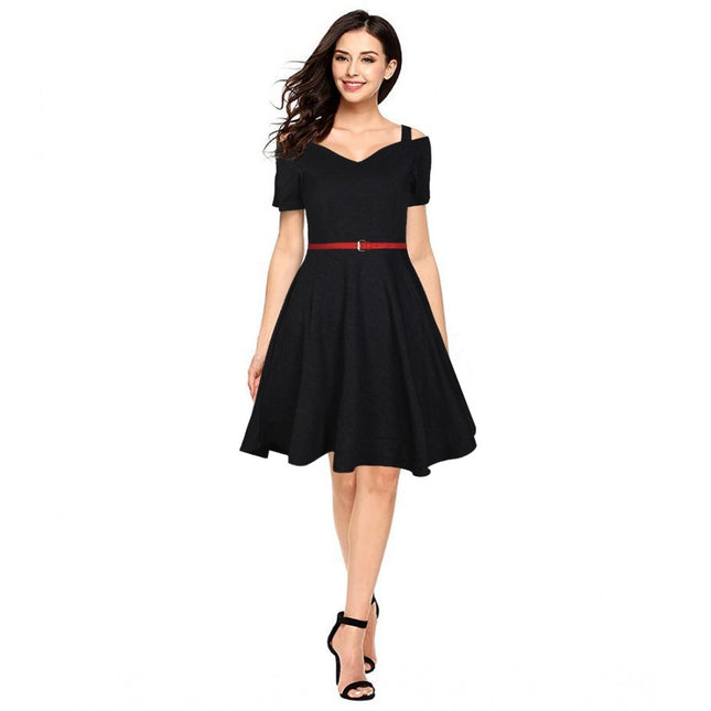 Women's Polyester Solid V Neck Cap Sleeve Dress (Black)