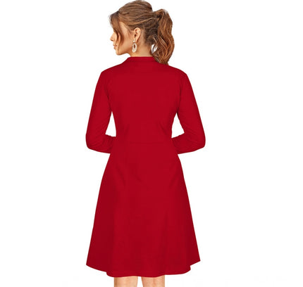 Women's Knitting stretchable Solid Round Neck Full Sleeve Dress (Red)