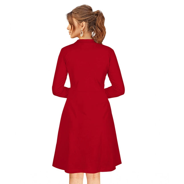 Women's Knitting stretchable Solid Round Neck Full Sleeve Dress (Red)