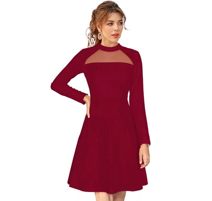 Women's Knitting stretchable Solid Round Neck Full Sleeve Dress (Maroon)