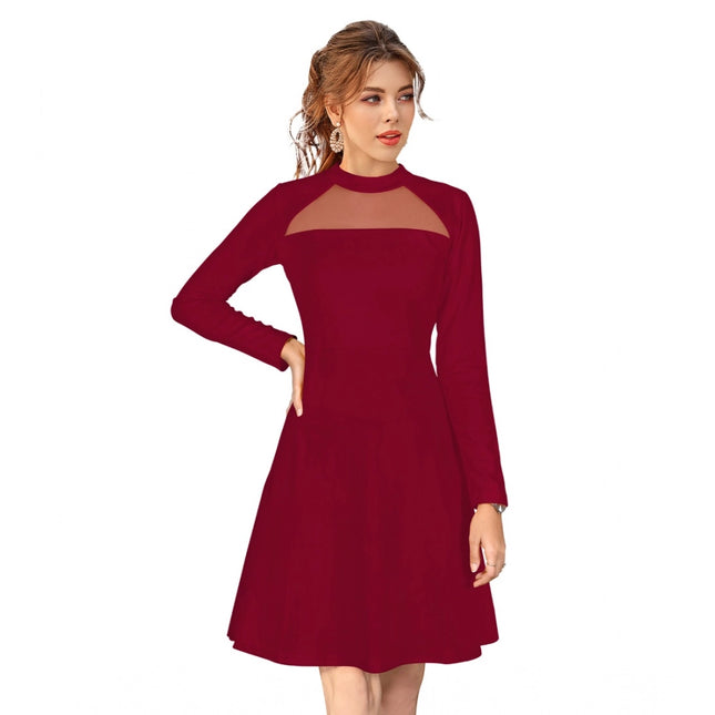 Women's Knitting stretchable Solid Round Neck Full Sleeve Dress (Maroon)