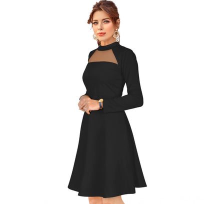 Women's Knitting stretchable Solid Round Neck Full Sleeve Dress (Black)