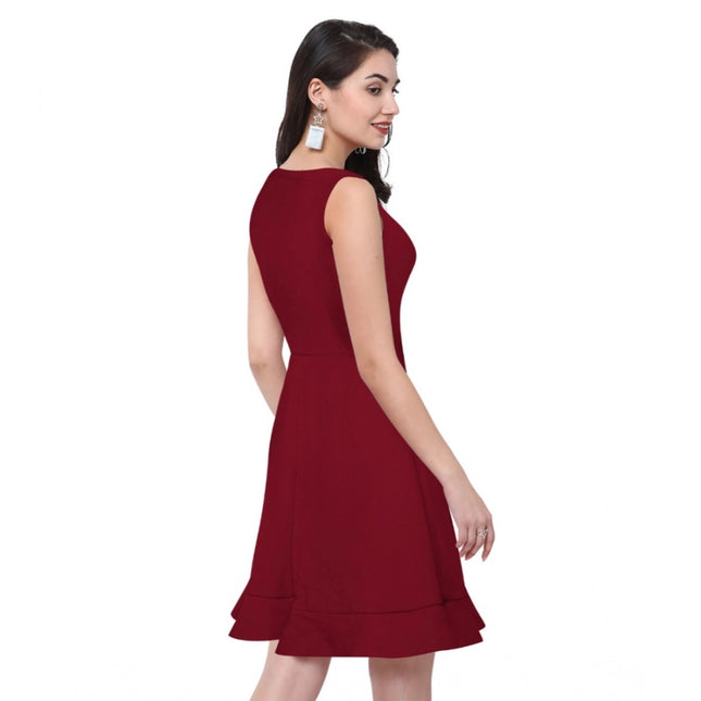 Women's Polyester Solid Round Neck Sleeveless Dress (Maroon)